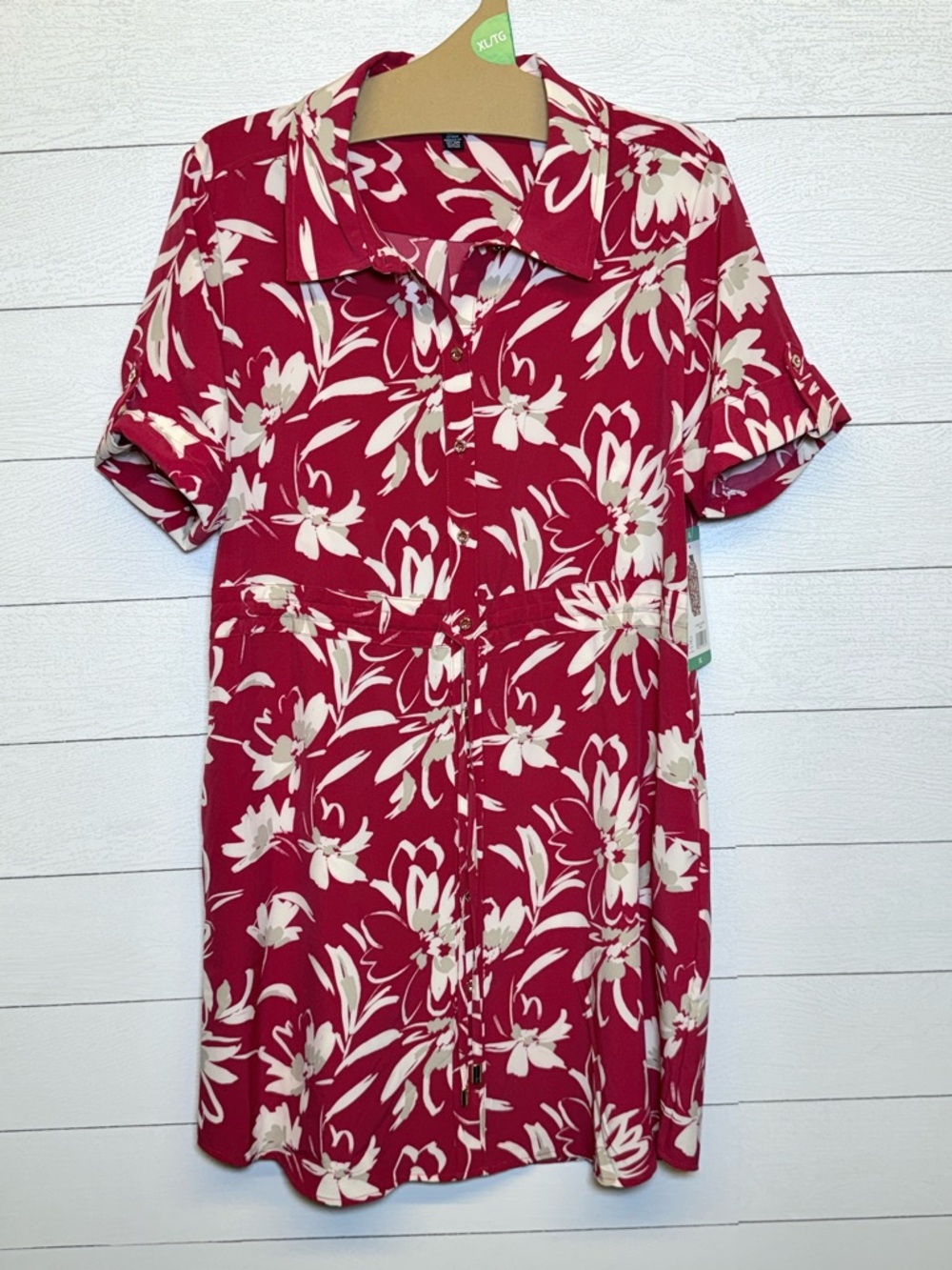Halston Pink and Cream Floral Shirt Dress short sleeve +pockets Size XL NWT
